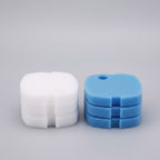 Two aquarium filters, one white and one blue, with an inset showing a close-up of a blue filter.
