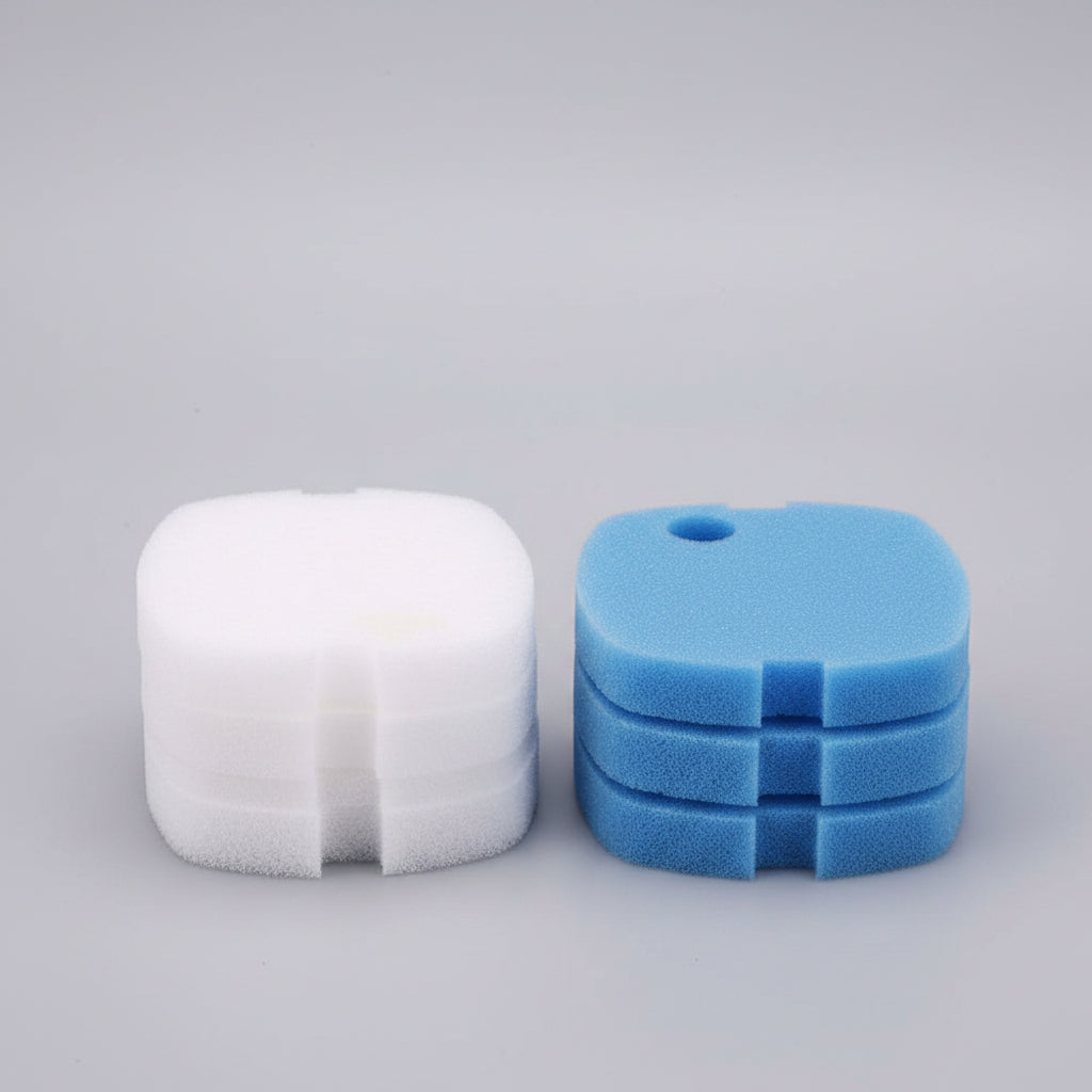 Two aquarium filters, one white and one blue, with an inset showing a close-up of a blue filter.