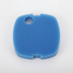 Blue foam filter with dimensions on a white background