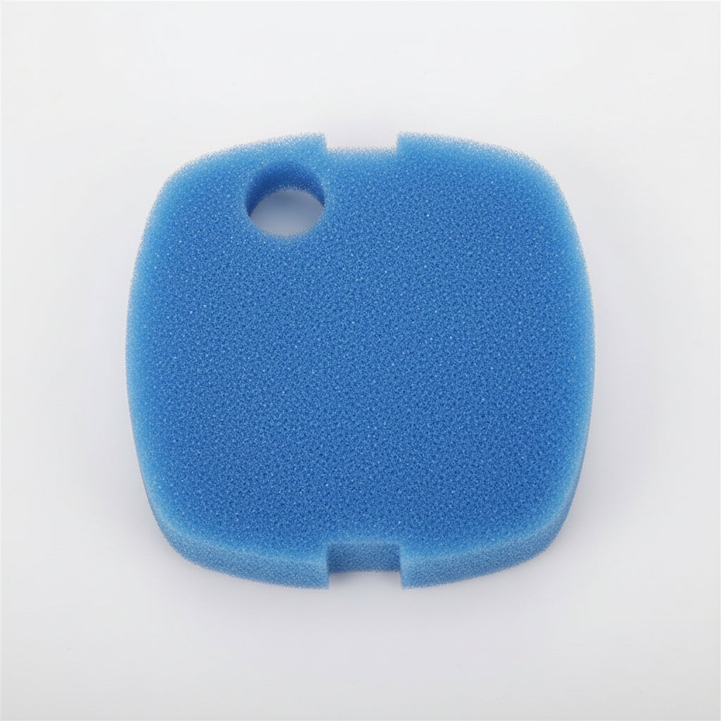 Blue foam filter with dimensions on a white background
