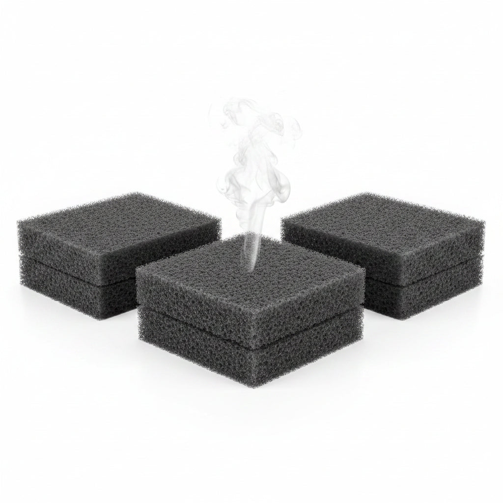 Black foam pads stacked on a blue background with colorful borders.