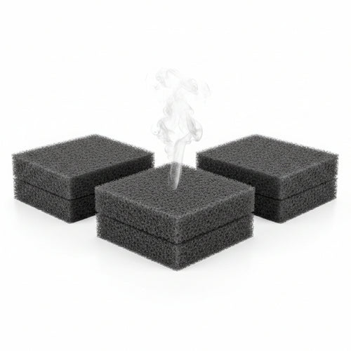 Black foam pads stacked on a blue background with colorful borders.