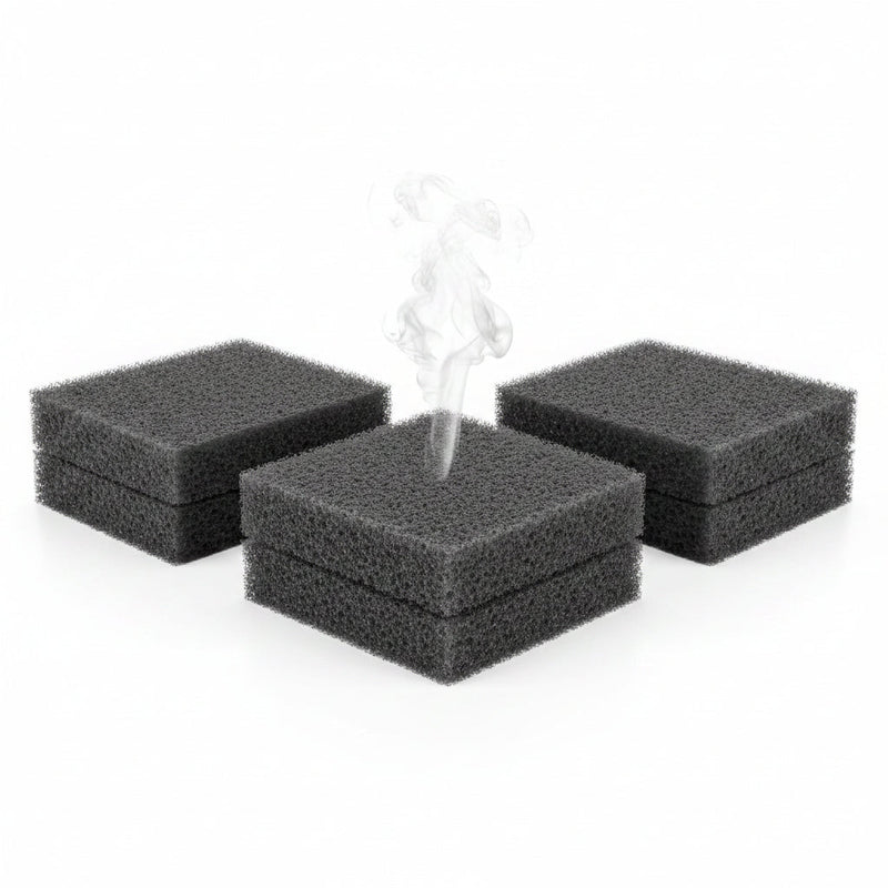 Black foam pads stacked on a blue background with colorful borders.