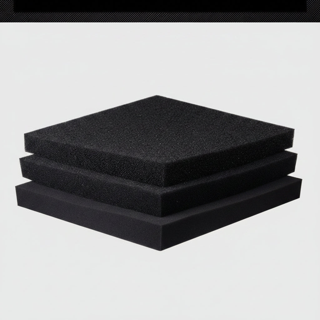 Black foam pads with aquarium-themed images on a dark background