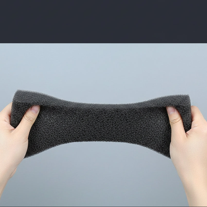 Black foam finger held by a person against a dark background