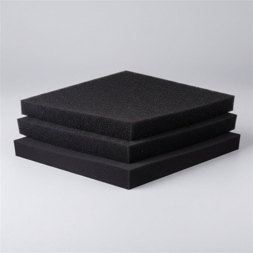Three black foam pads stacked on a white background