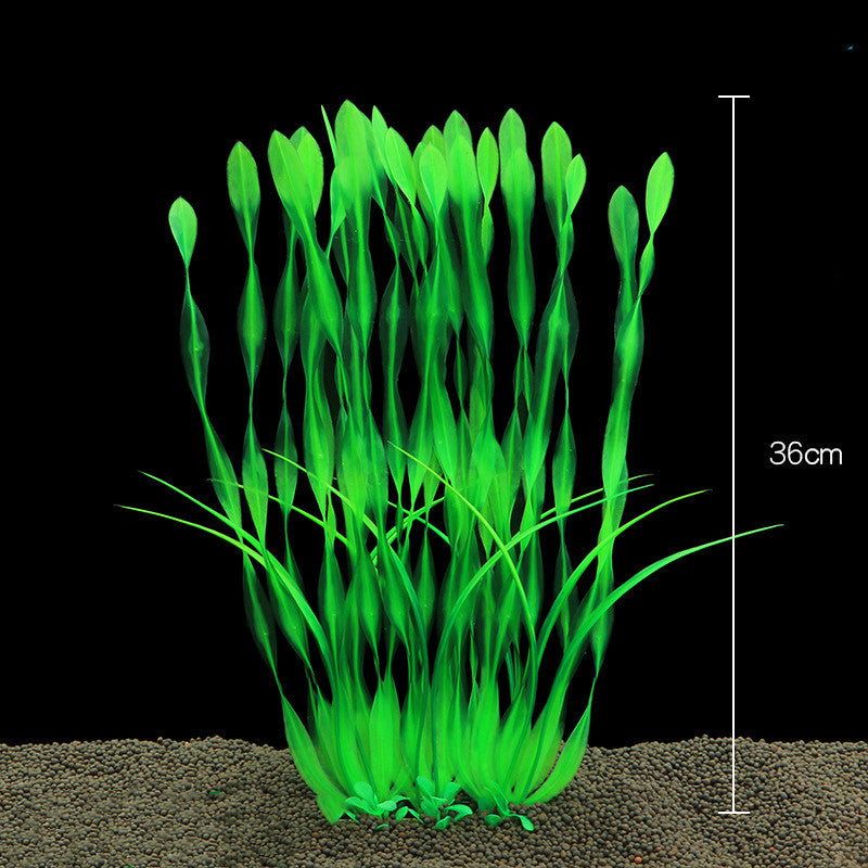 Artificial green aquarium plant with a measurement indicator on a black background
