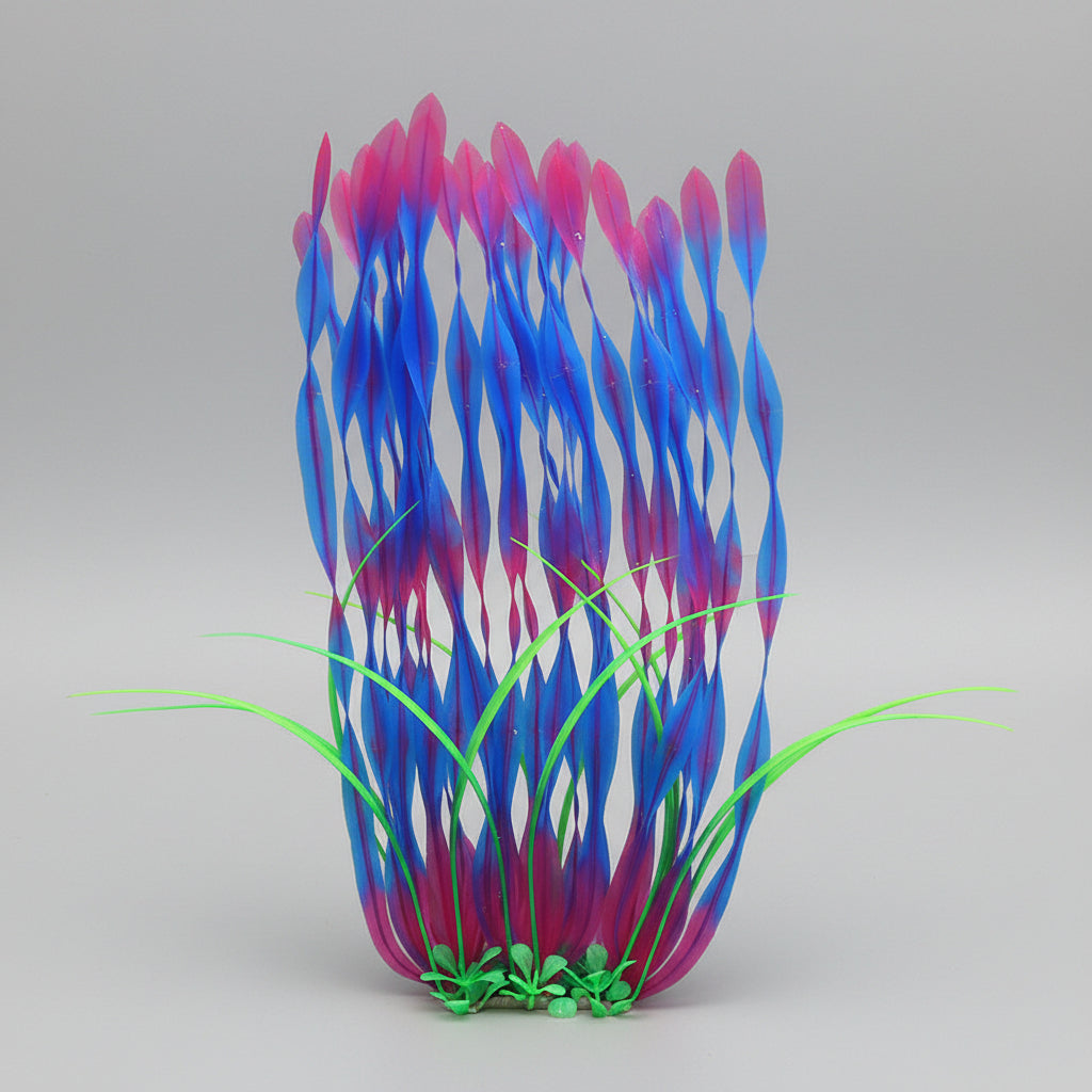 Decorative aquarium plant with blue and purple hues on a black background