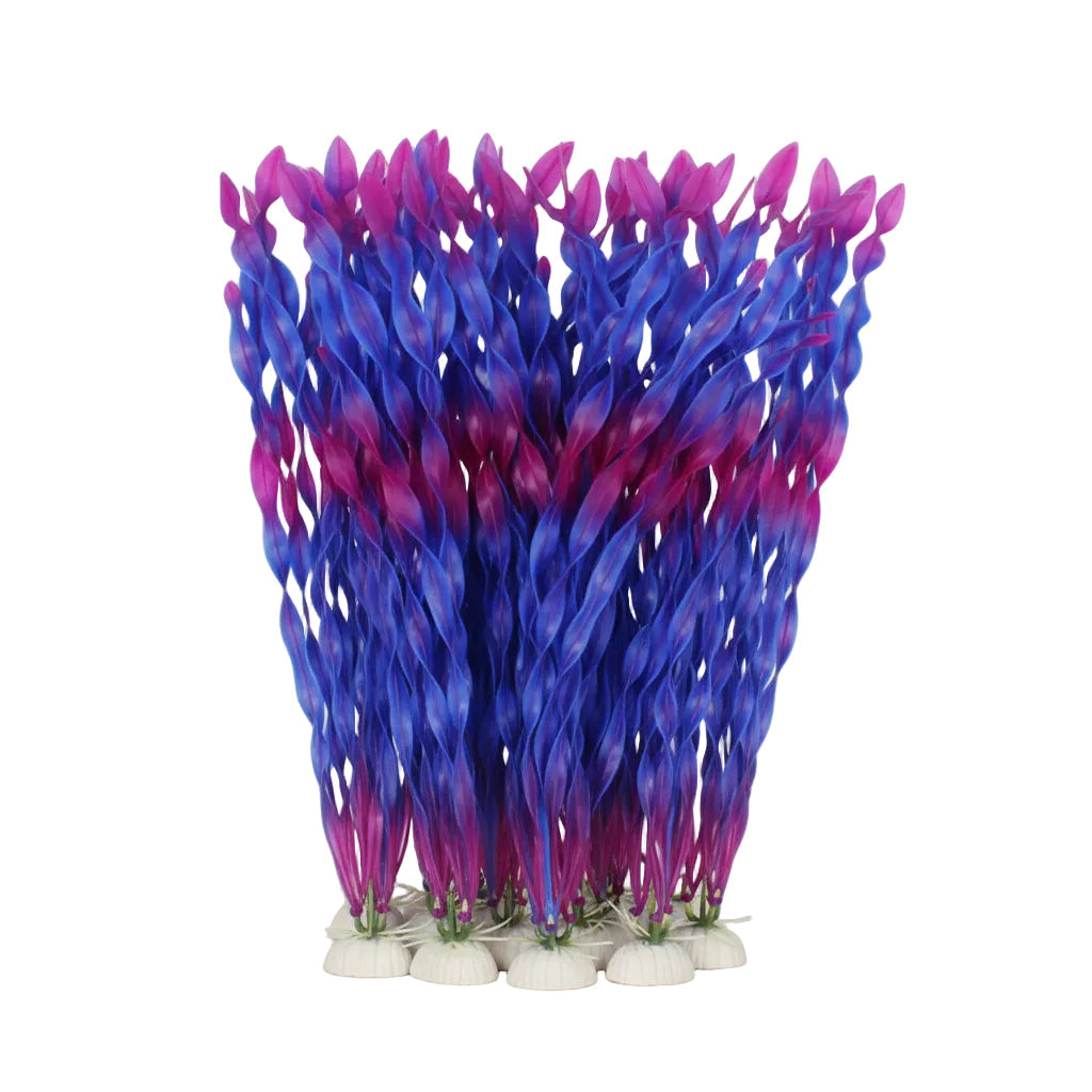 Purple and blue artificial aquarium plants on a white background