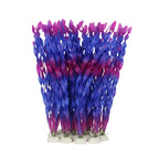 Purple and blue artificial aquarium plants on a white background