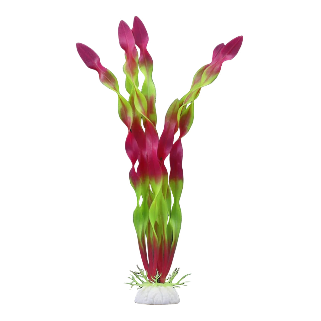 Artificial aquarium plants with pink and green leaves on a white background