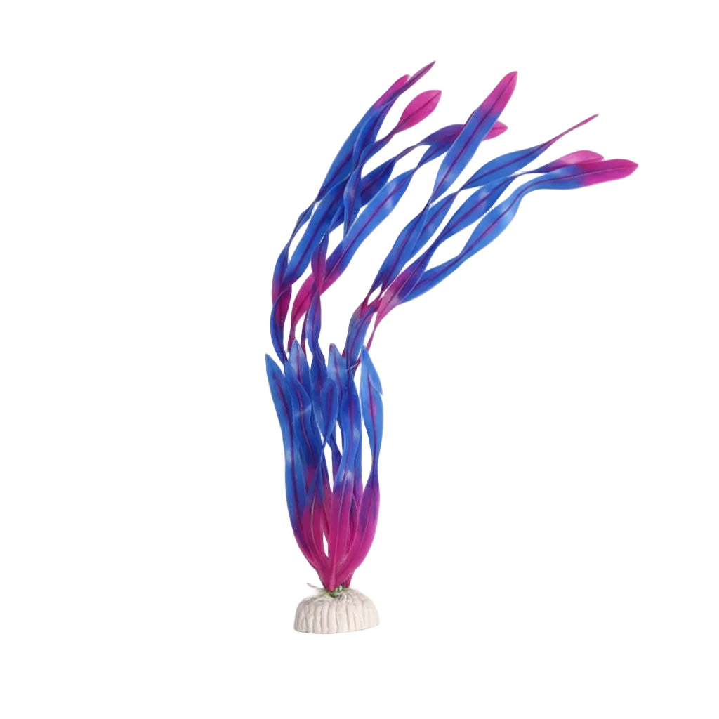 Colorful artificial aquarium plants with blue and pink leaves on a white background