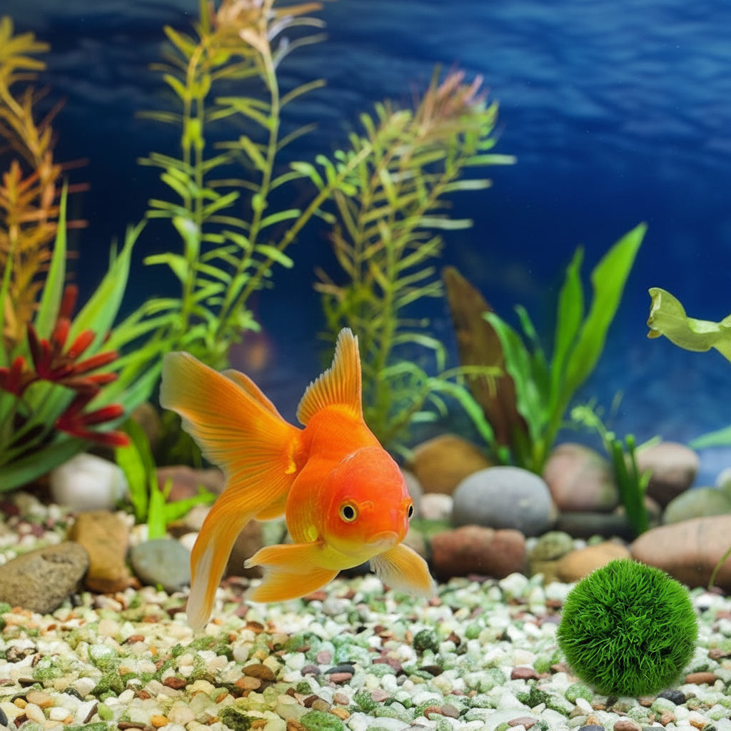 Fish tank with an orange fish, plants, and stones on a blue background