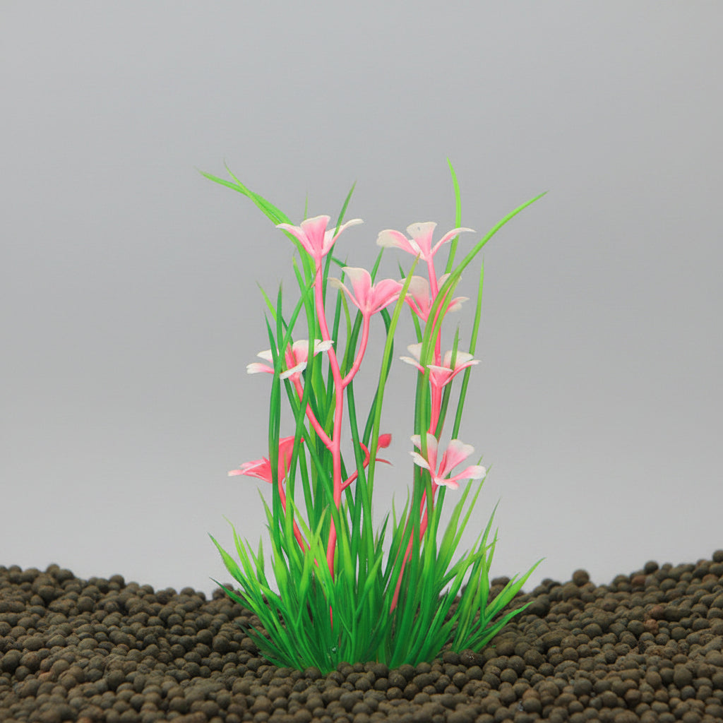 Aquarium plant with pink flowers and green leaves on a dark background