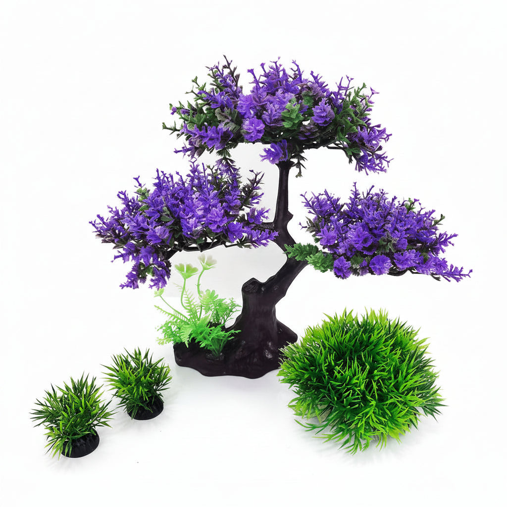 Decorative aquarium plant set with a purple flowering tree and green bushes on a white background