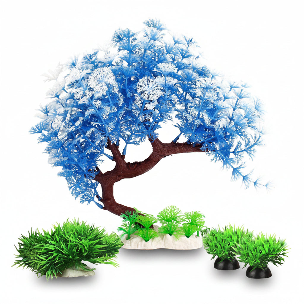 Decorative aquarium tree with blue leaves and green plants on a white background