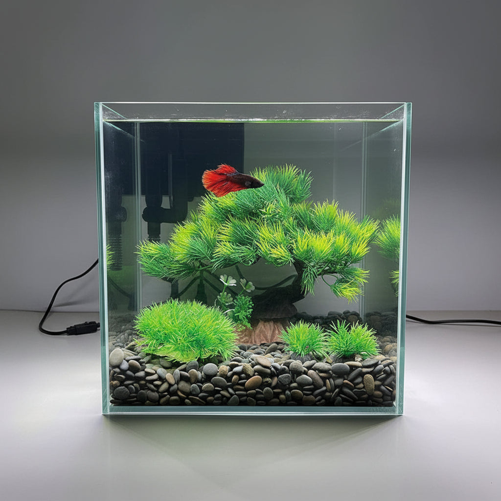 Fish tank with green plants and a red fish on a dark background