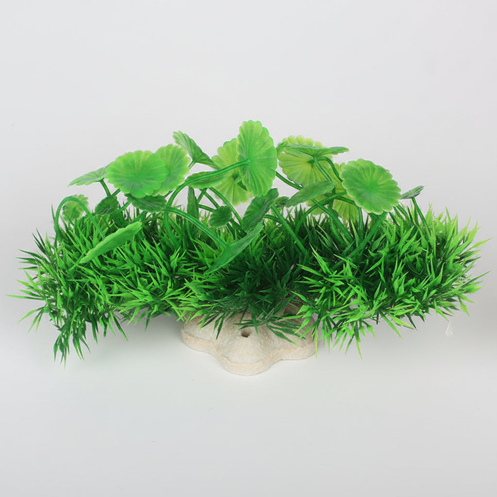 Artificial green plants with a measuring tape for scale on a white background