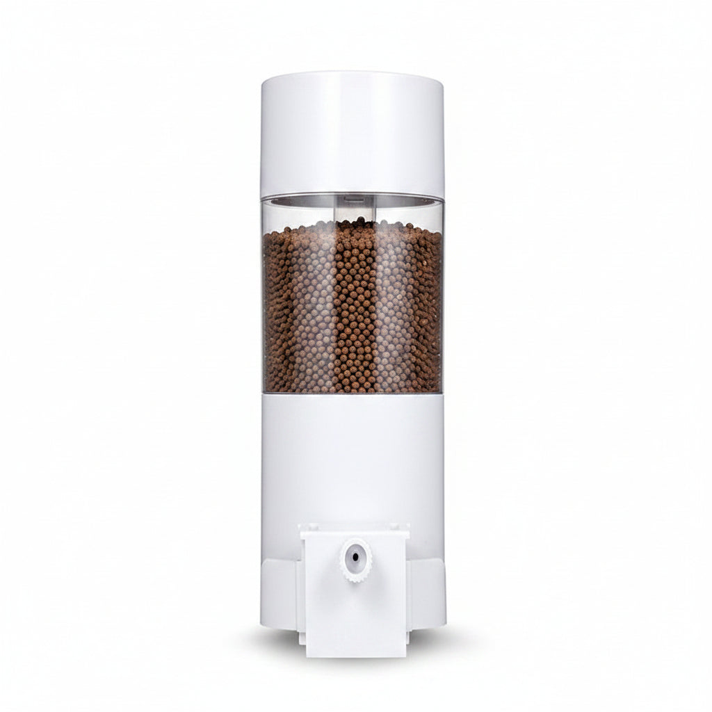 White pepper grinder with clear top on a gray background