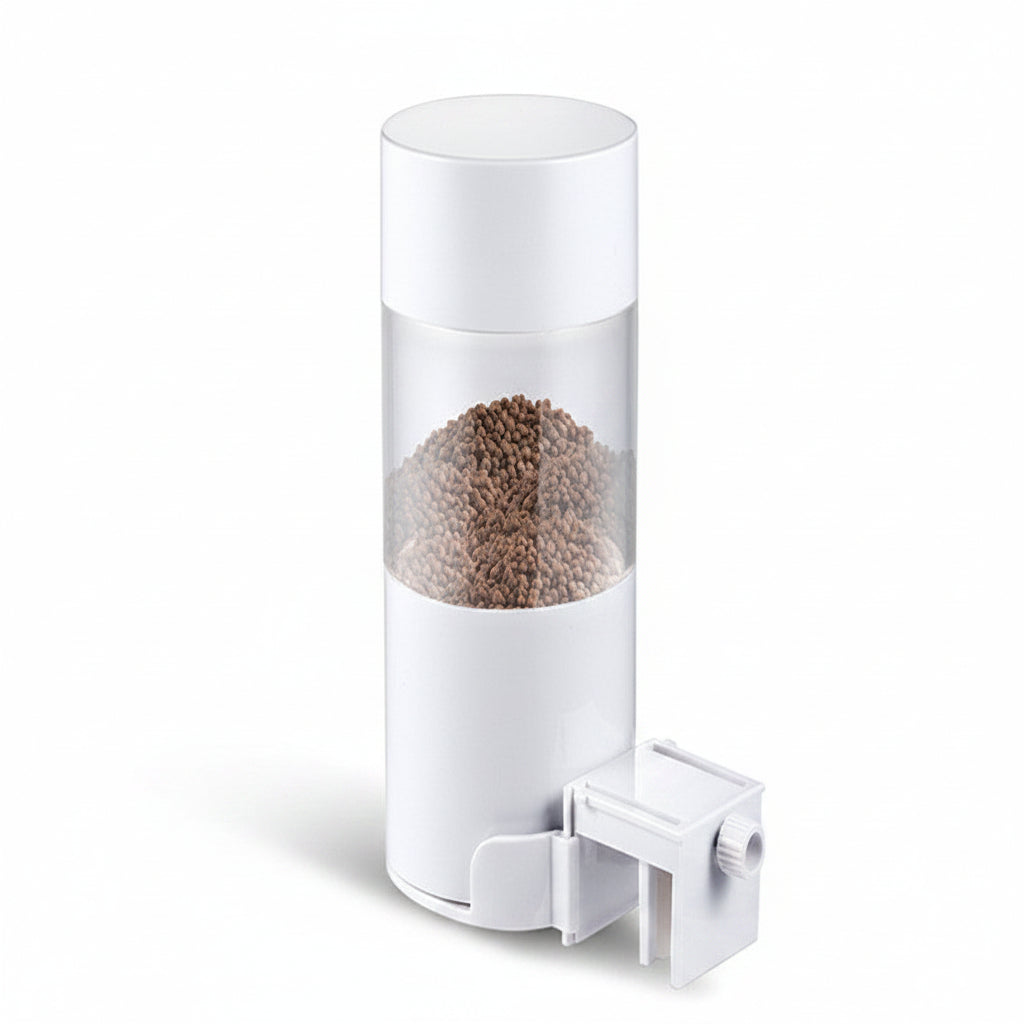 White cylindrical pepper grinder with clear top on a gray background
