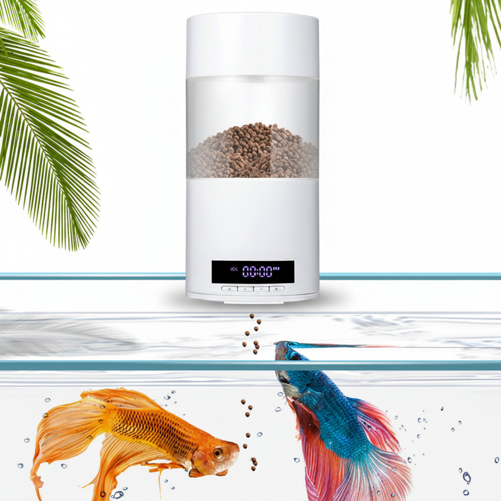 Automatic fish feeder with digital timer dispensing food into a fish tank with two colorful fish.