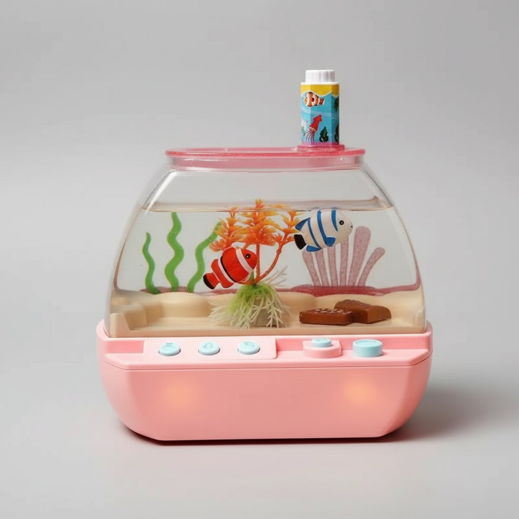 Toy aquarium with fish and a small character on top, set against a dark background.