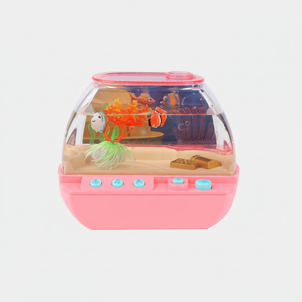 Toy aquarium with fish and a pink border on a white background