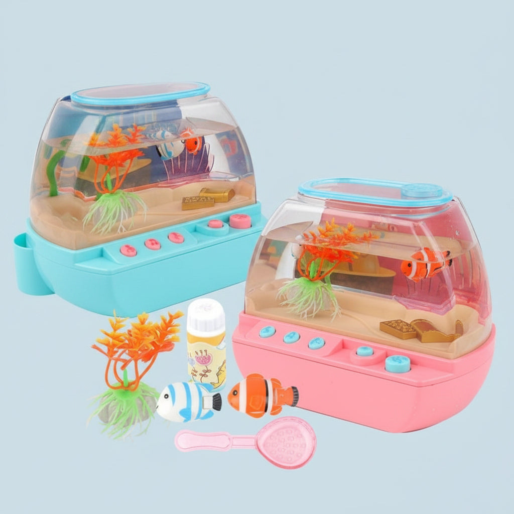 Children's aquarium toy set with fish and accessories on a light blue background
