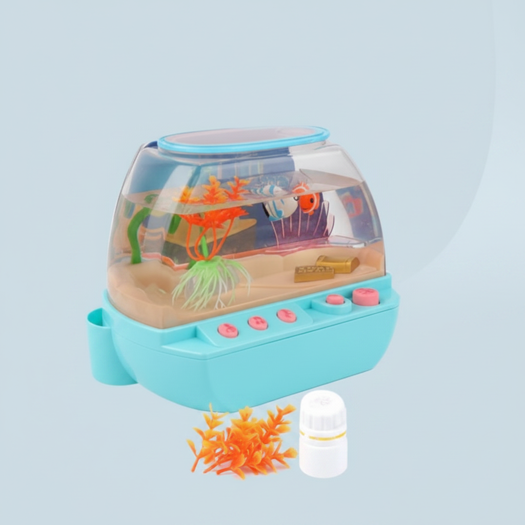 A children's toy aquarium with a light blue base, clear domed top, and colorful underwater decorations including orange coral, green seaweed, and small fish, shown on a pale blue background.