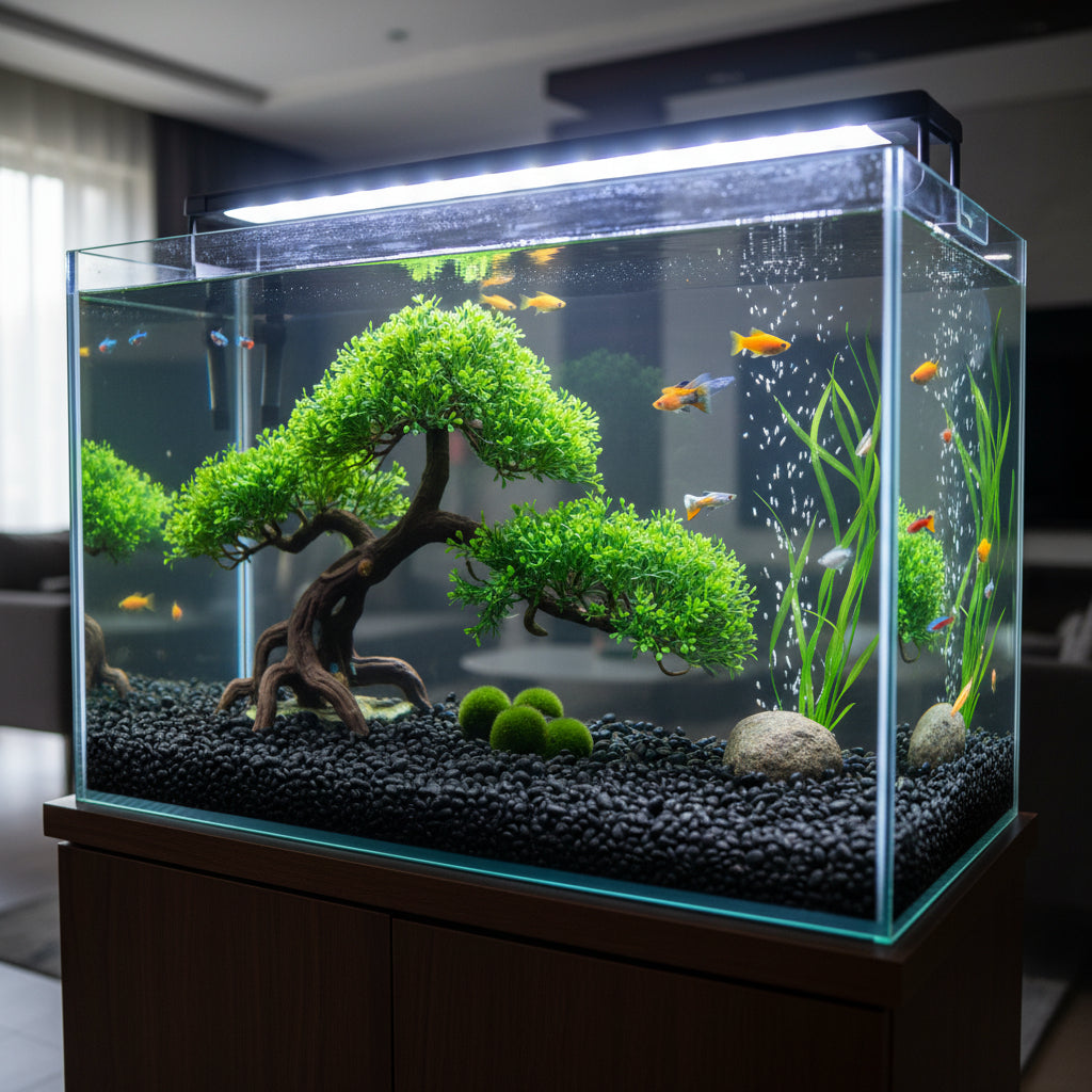 Fish tank with black lid on a blue background, featuring a configuration list.