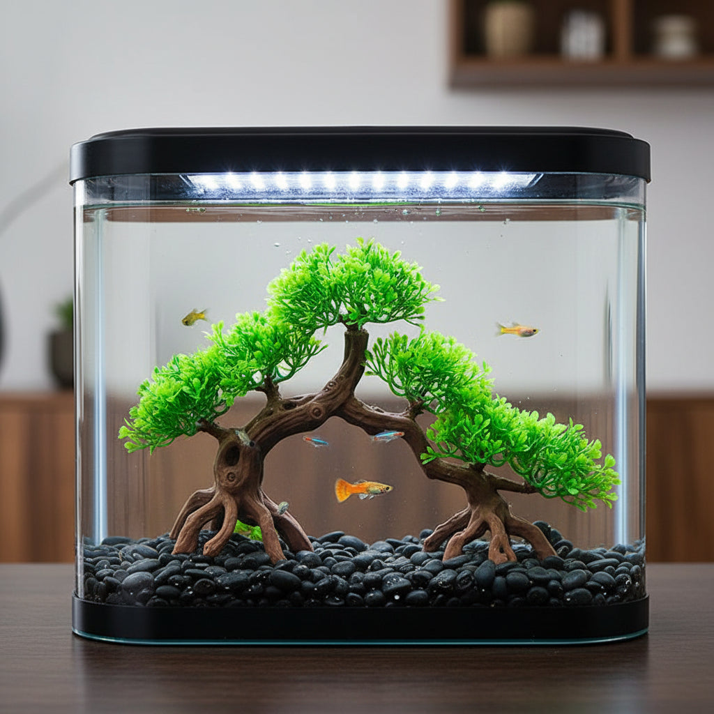 Fish tank with black lid and included components on a blue background