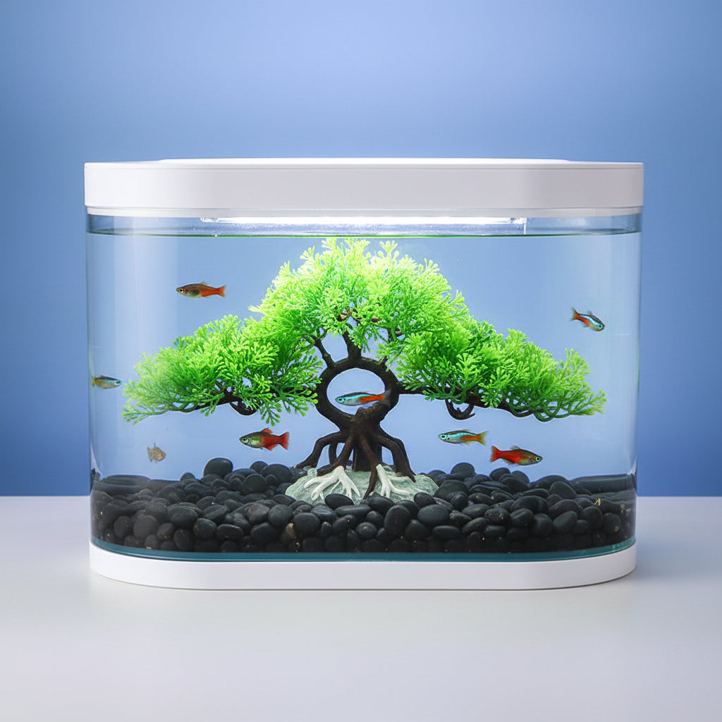 Fish tank with included components on a blue background