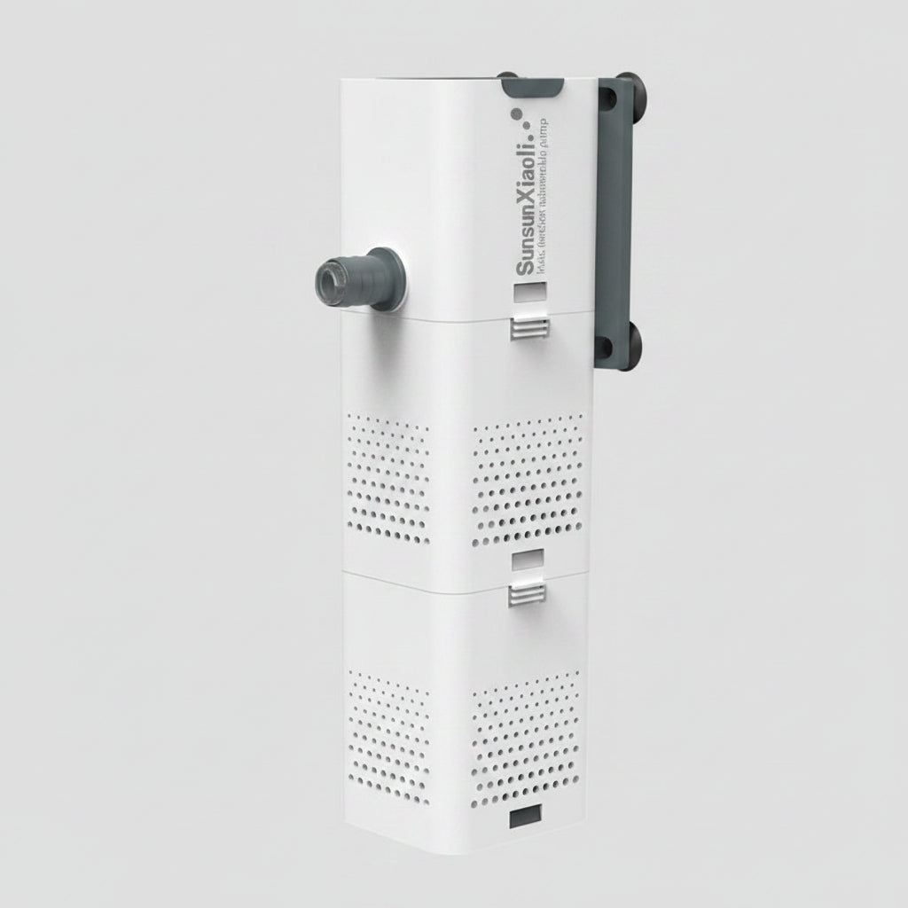 Aquarium filter with water flow diagram on a dark background