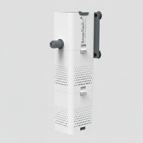 Aquarium filter with water flow diagram on a dark background