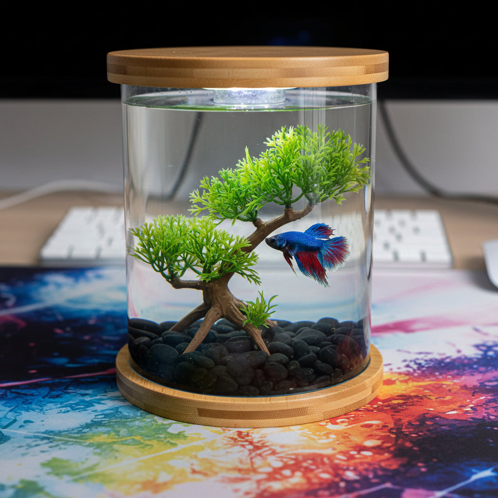 Small glass aquarium with plants and fish on a wooden base, placed on a colorful surface.