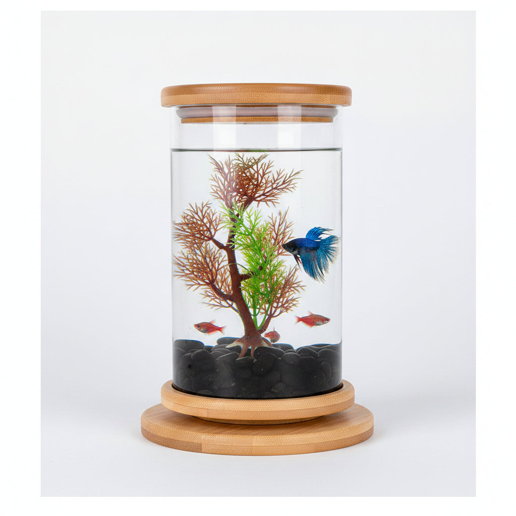 Small glass aquariums with wooden bases and bamboo lids, containing plants and small fish, with dimensions displayed.