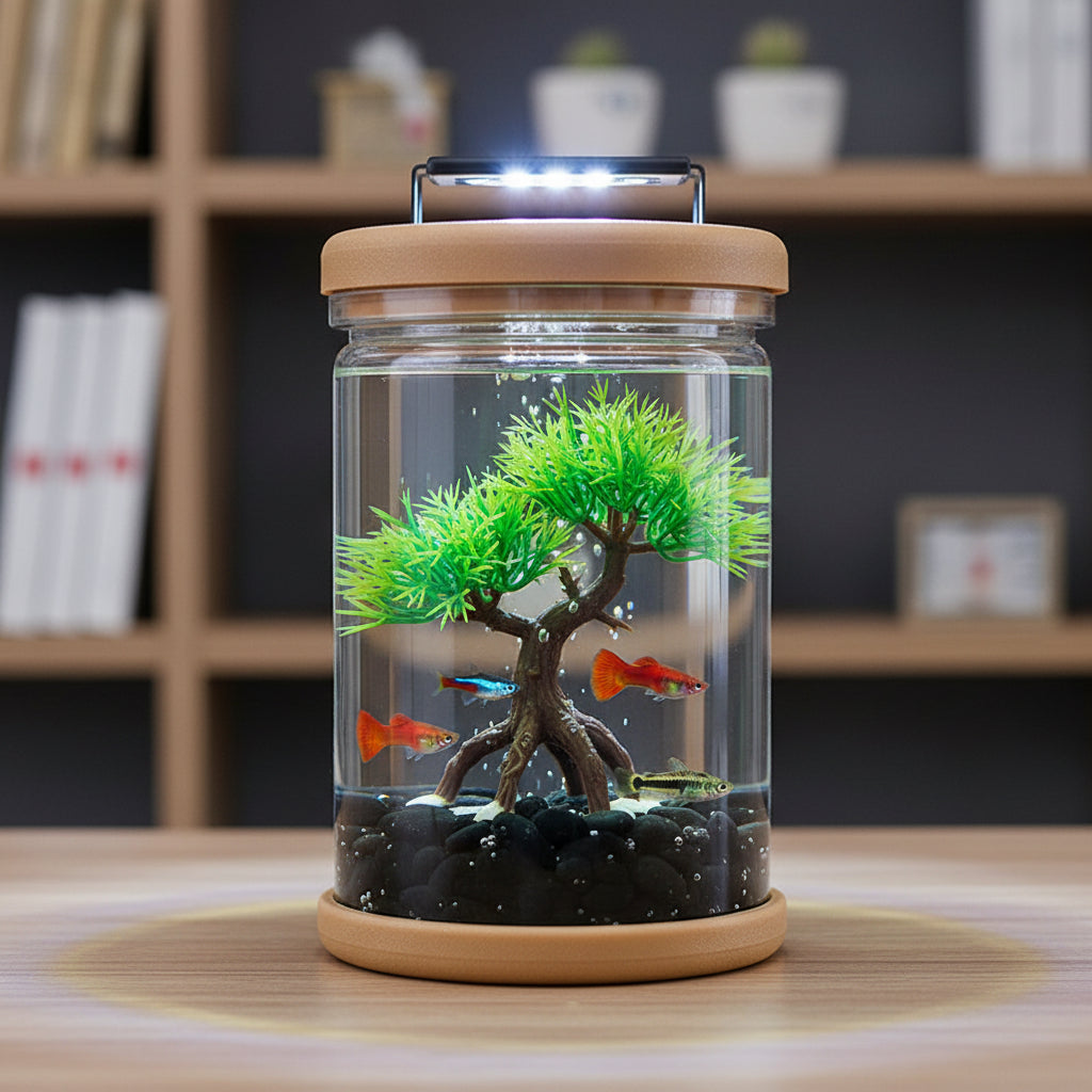 Clear glass jar with a brown lid and base on a white background
