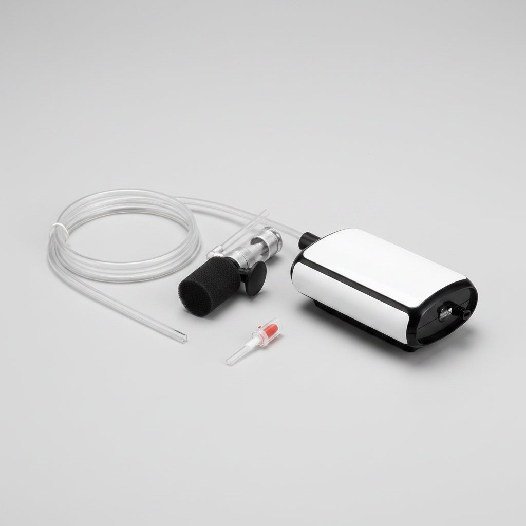 Fish tank with a noise-canceling device and text about a comfortable listening experience.