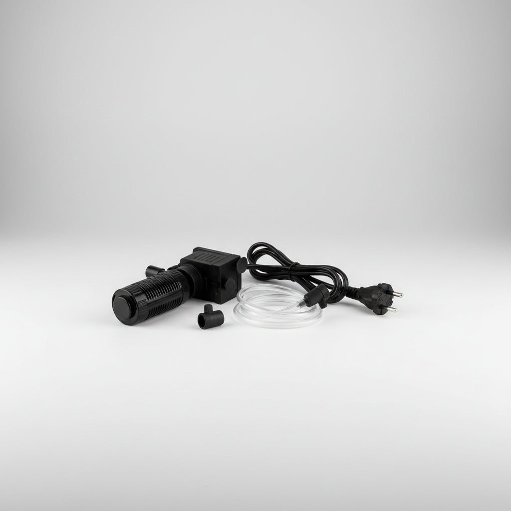 Black aquarium pump with power cord on a white background
