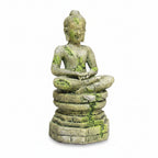 Green Buddha statue with dimensions on a white background