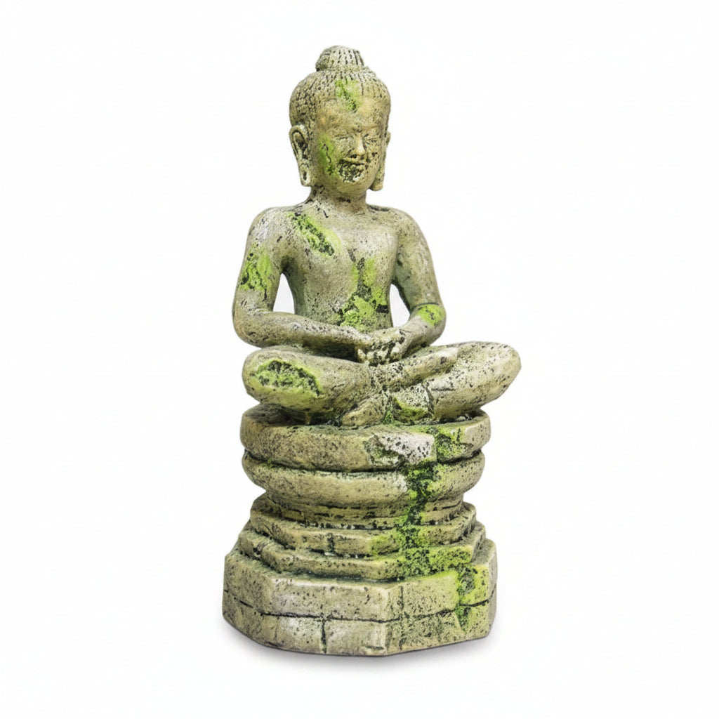 Green Buddha statue with dimensions on a white background