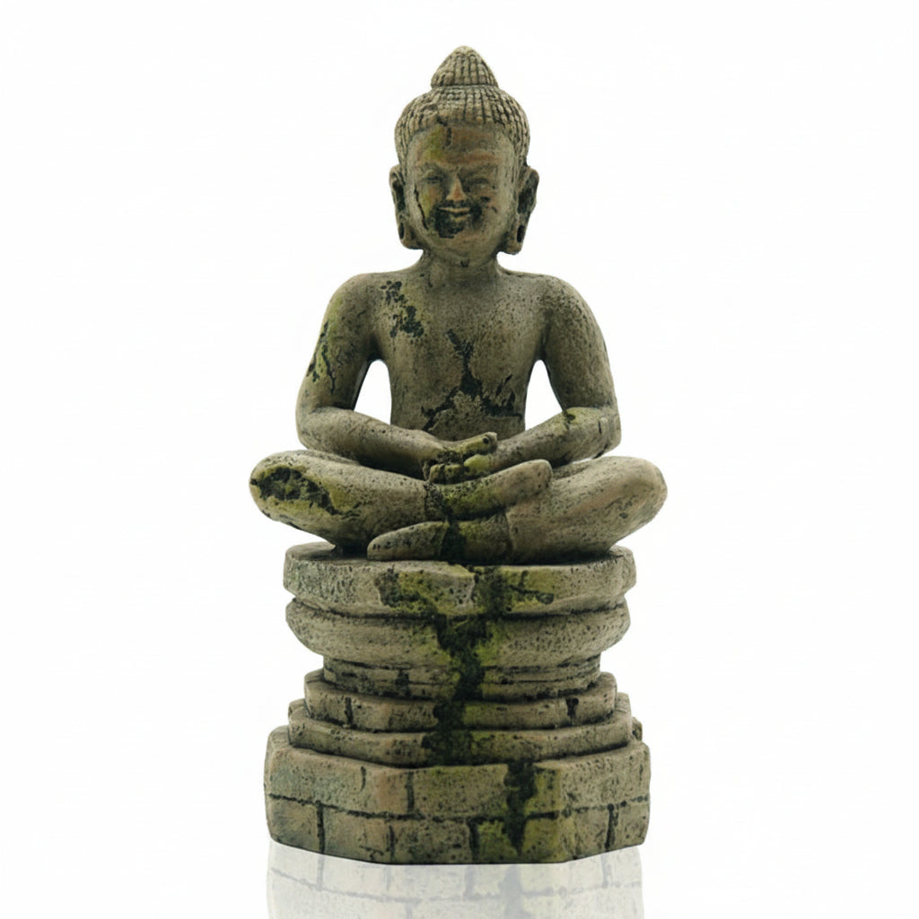 Stone statue of a seated figure on a white background