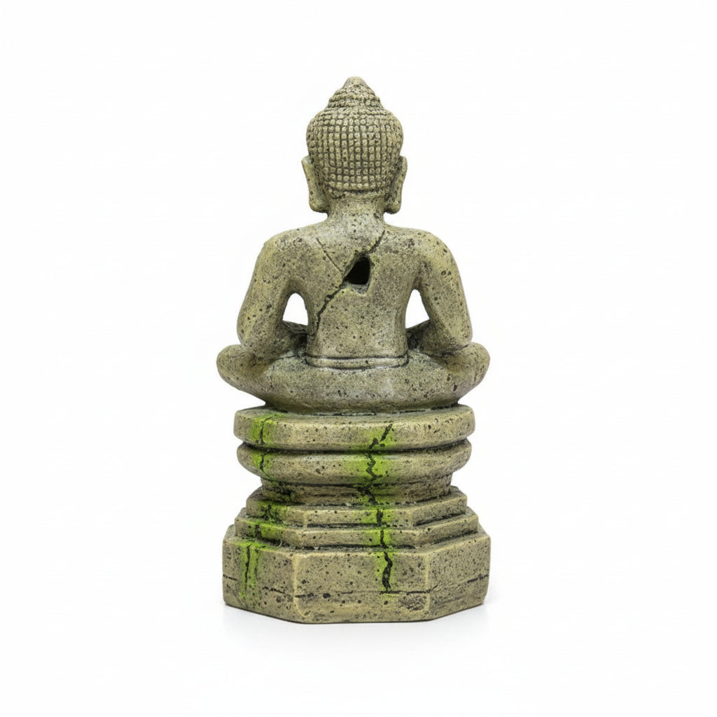 Statue of a seated Buddha figure on a white background