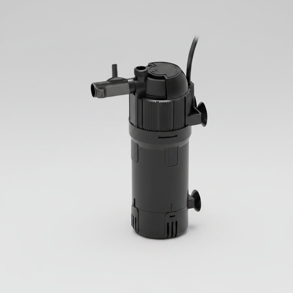 Premium aquarium filter with features listed on a background of an aquarium.