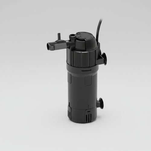 Premium aquarium filter with features listed on a background of an aquarium.