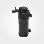 Black filter pump with dimensions labeled on a white background