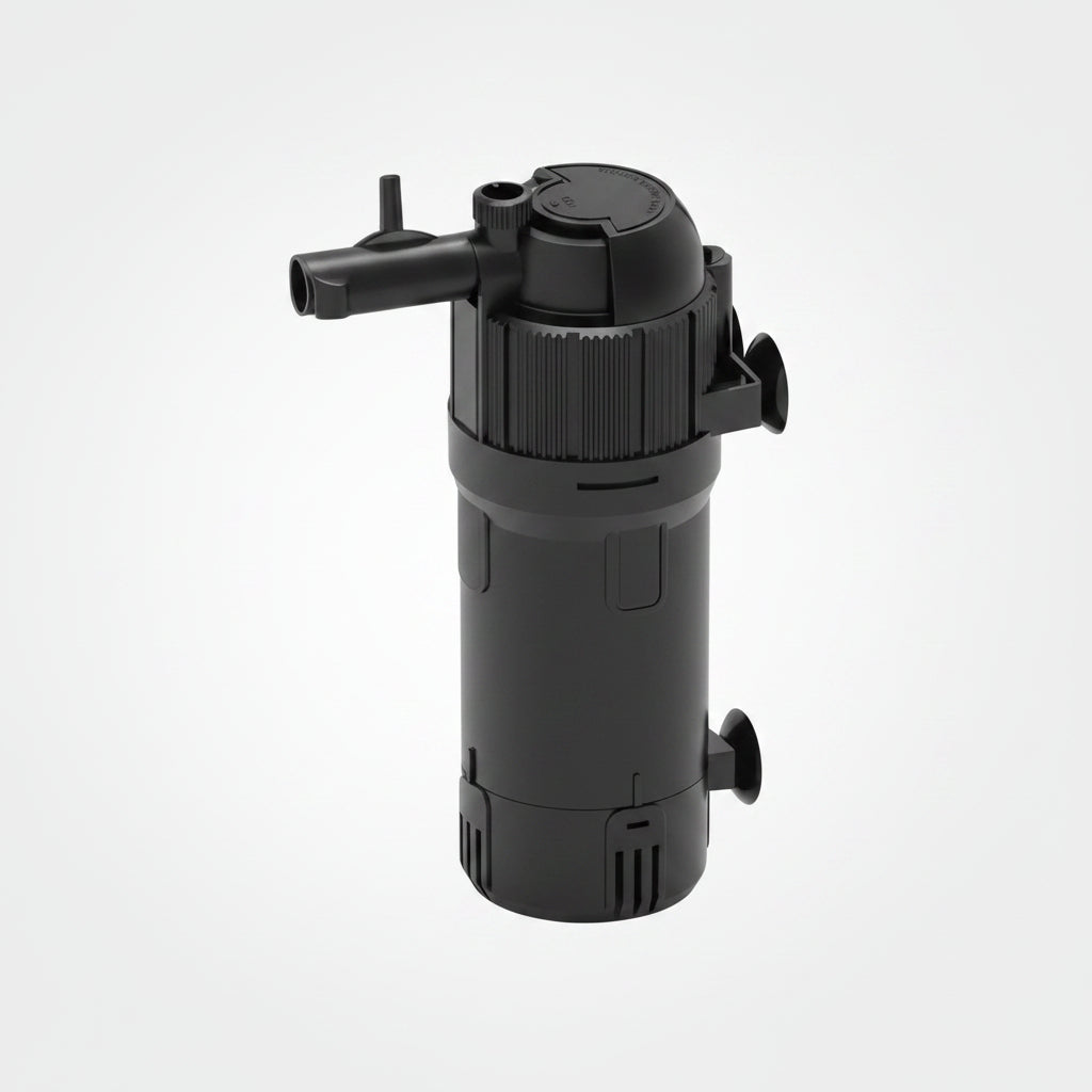 Black filter pump with dimensions labeled on a white background