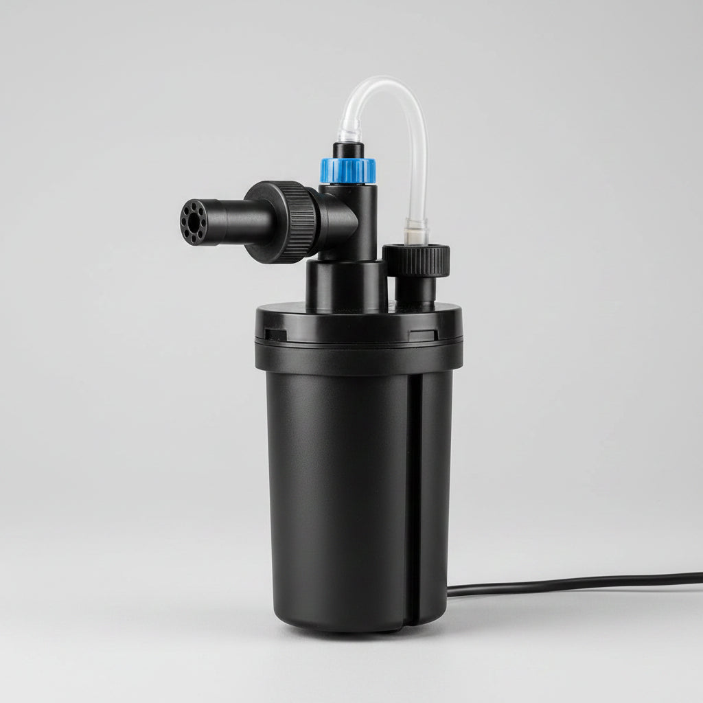 Black water pump with features highlighted on a blue water background