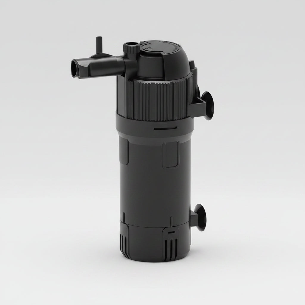Aquarium filter with power consumption label and underwater scene