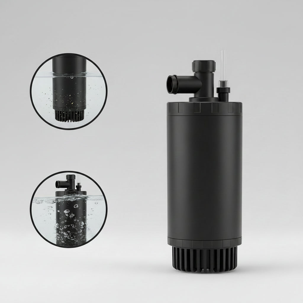 Versatile dual-function pump with filtration and aeration features on a water background
